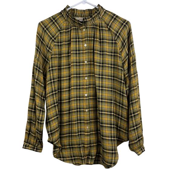 Loft Yellow Black Plaid Button Up Shirt Small Ruffle Neck Fall Tunic Preppy - Picture 2 of 14